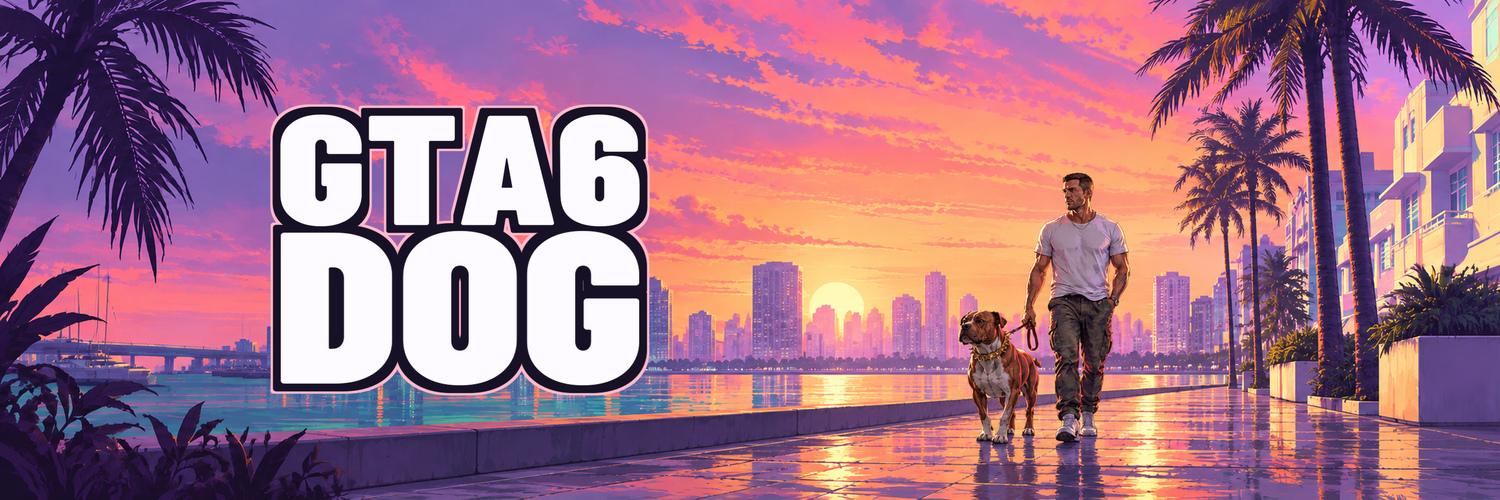 GTA6 DOG fan artwork featuring Jason walking Big Guy on a leash at sunset