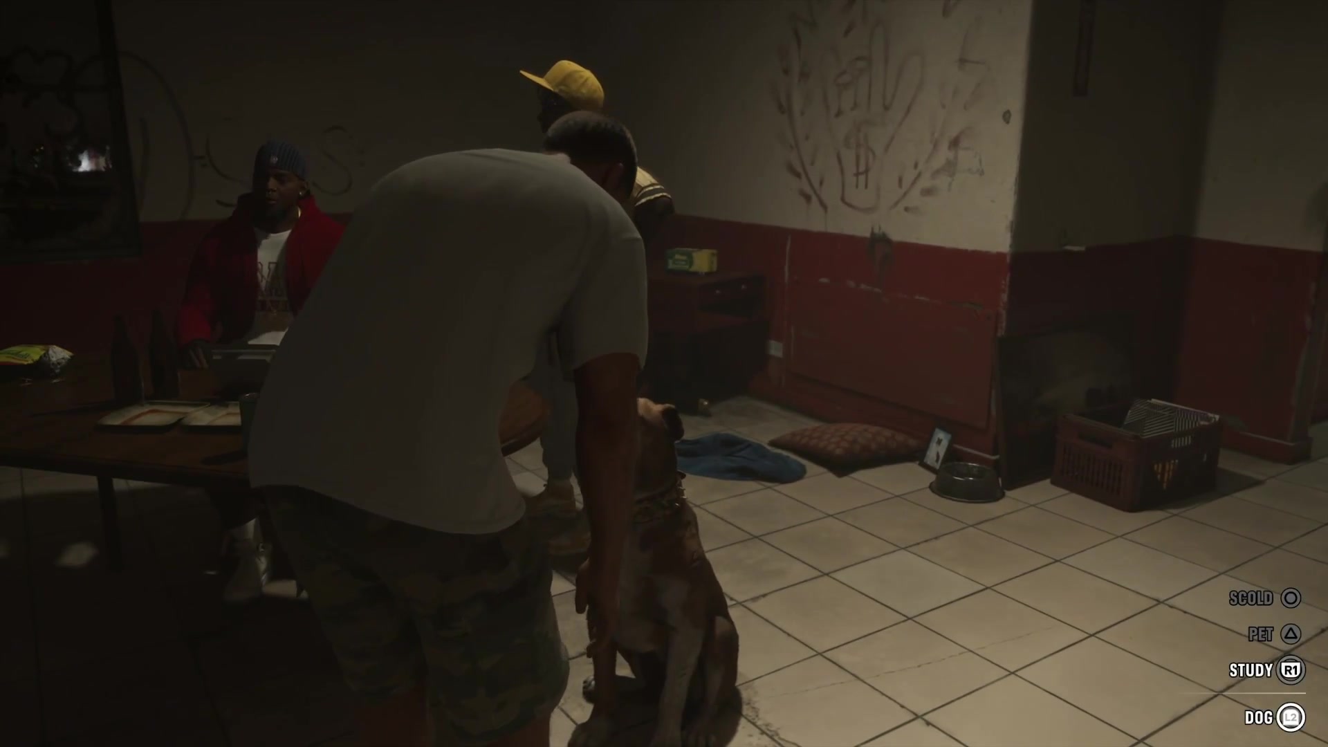 Jason Duval petting the brown brindle dog in GTA VI